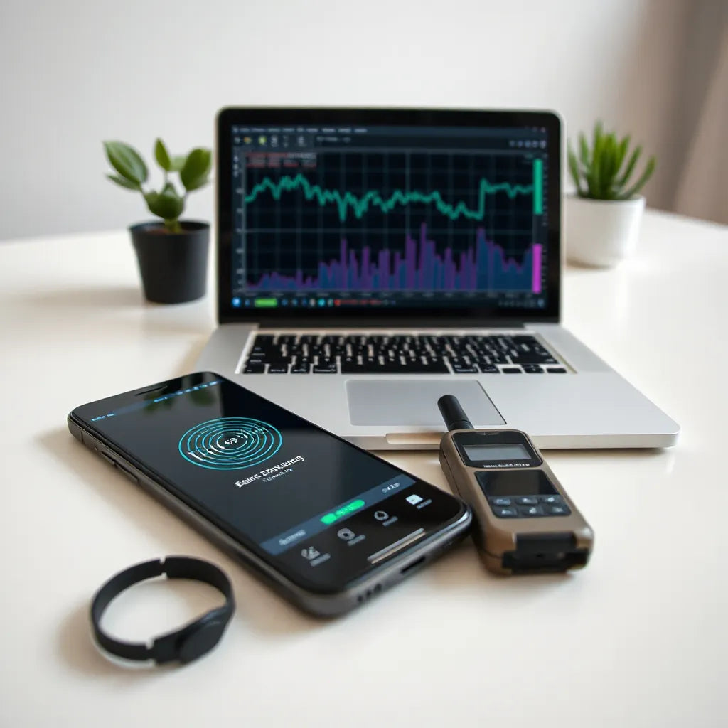 Smartphone with a handheld cellular signal scanner and laptop graphs on a desk for safer IMSI catcher detection.