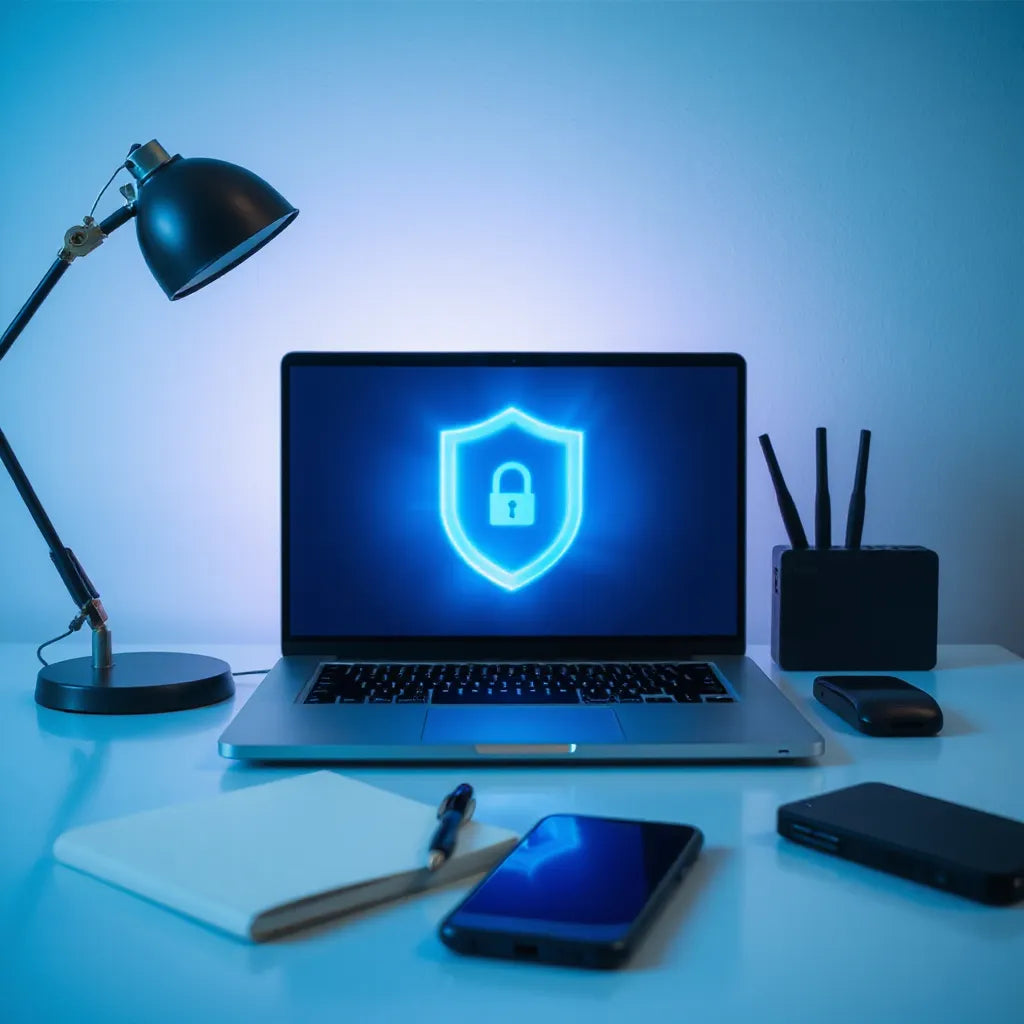 Laptop on a desk with subtle shield light reflections, plus smartphone and router in a clean office setting