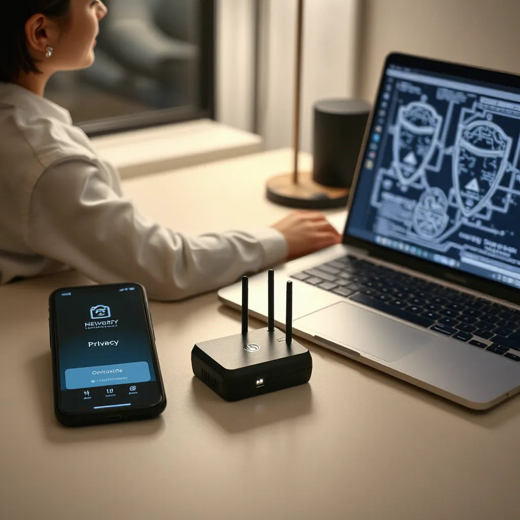 Compact privacy device on a desk beside a smartphone and laptop, suggesting secure browsing setup.