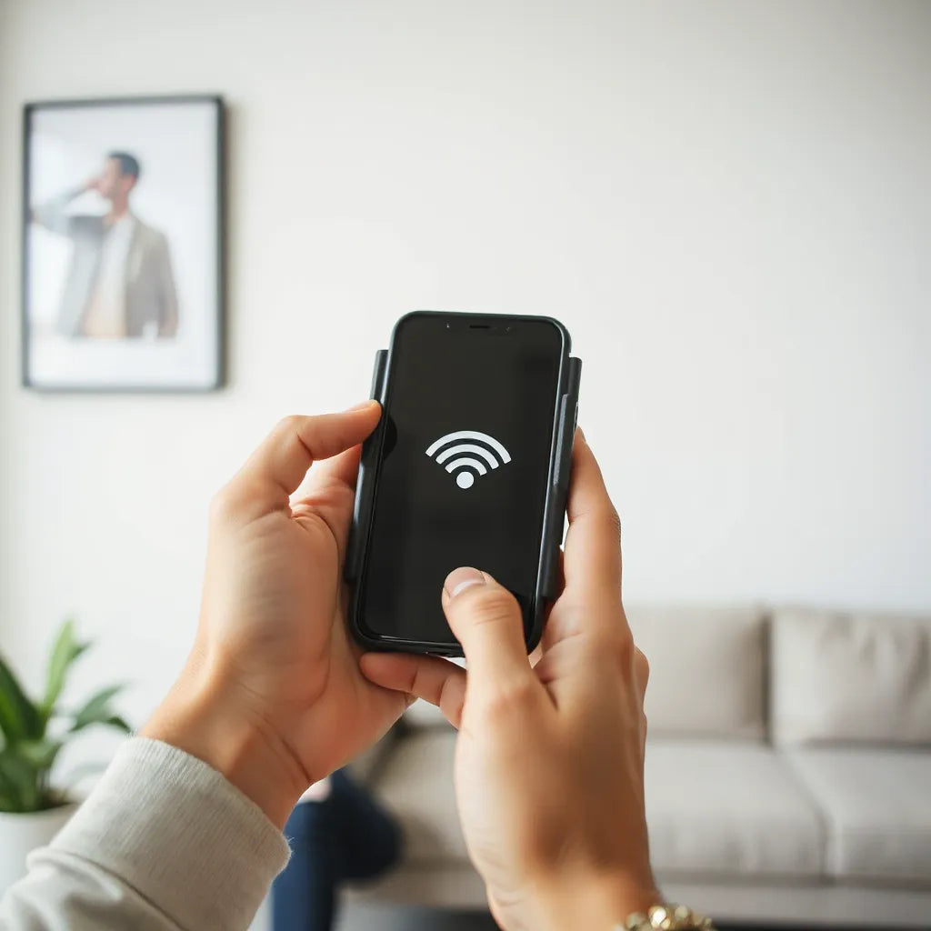 Hand holding a smartphone near a protective case setup to support mobile privacy protection.