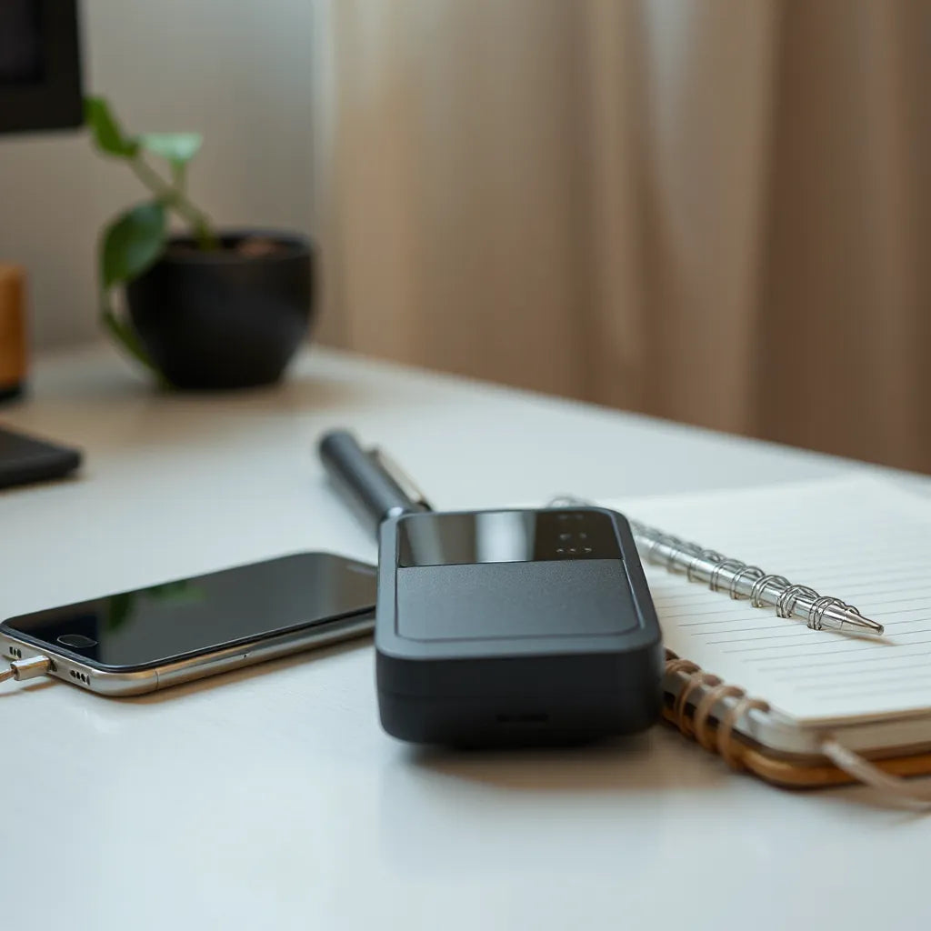 Handheld privacy monitoring device on a desk with a smartphone and notebook for secure setup planning