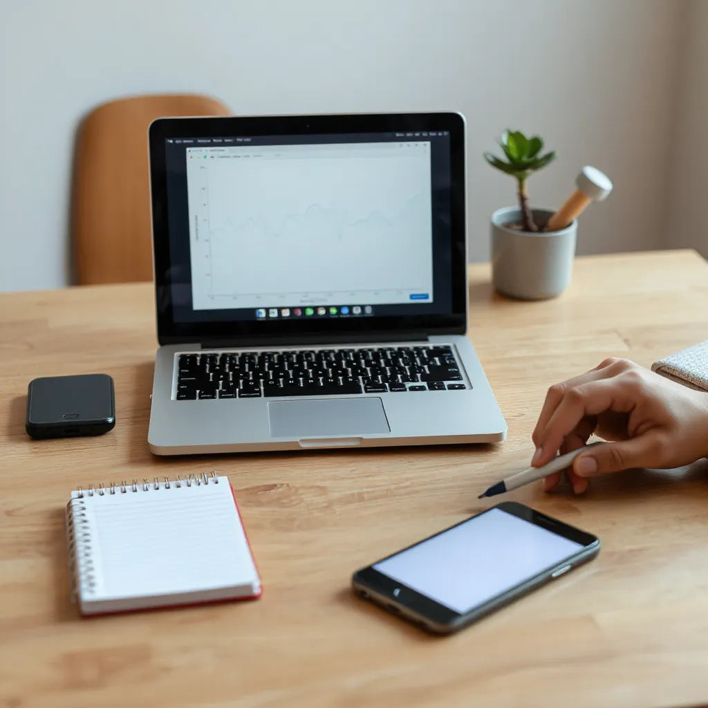 Laptop and privacy device on a desk with blank notes, suggesting secure private browsing setup