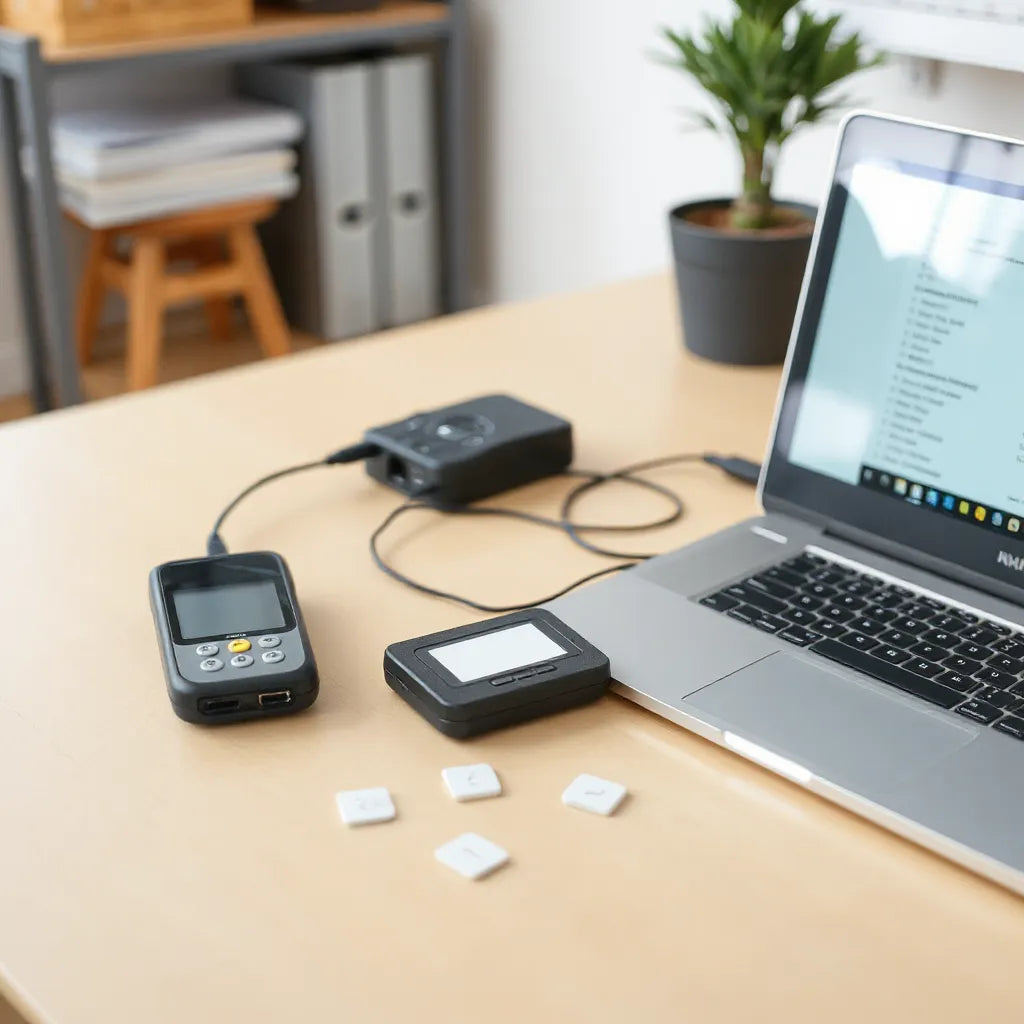 Compact RFID emulator on a workbench connected to a laptop with an RFID reader and neutral tags nearby