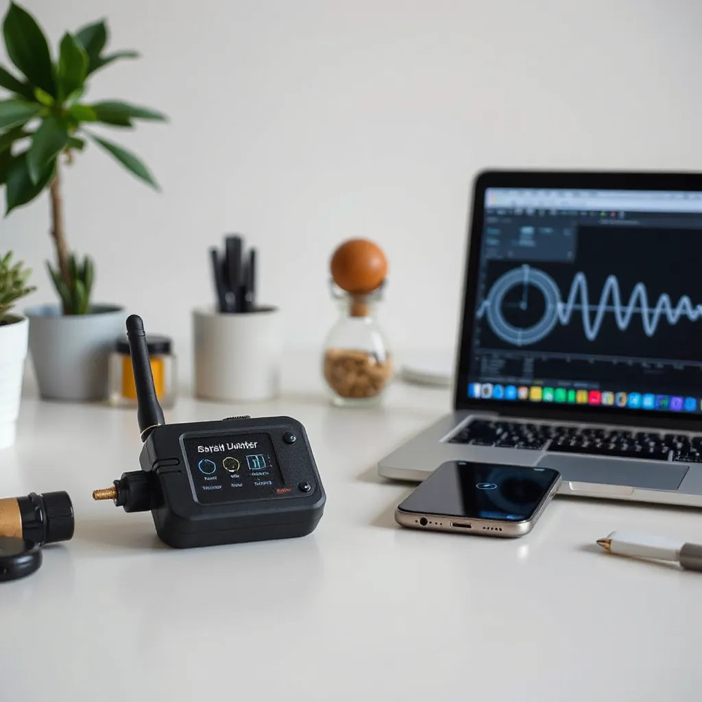 Handheld privacy monitoring device near phone and laptop showing abstract signal indicators
