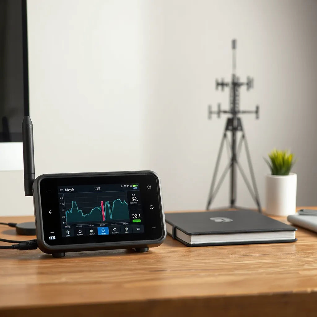 Compact LTE monitoring device on a desk with abstract signal activity indicators and a subtle cell tower in the background