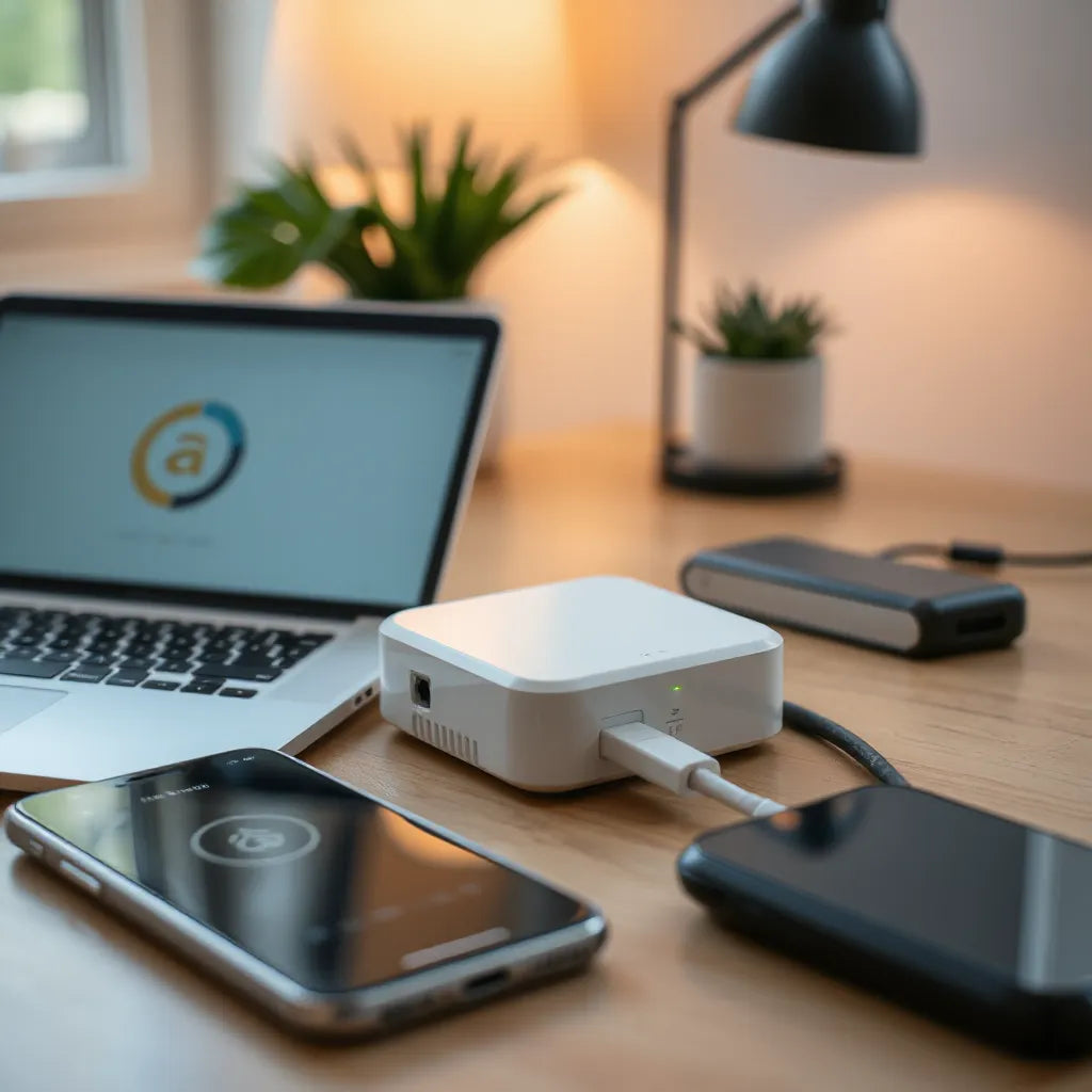 LTE hotspot device on a desk connected to a laptop for secure, private mobile browsing setup