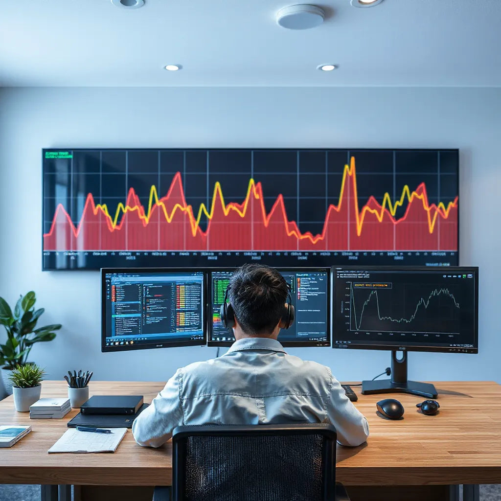Technician reviewing highlighted network anomaly spikes on monitors in a control room