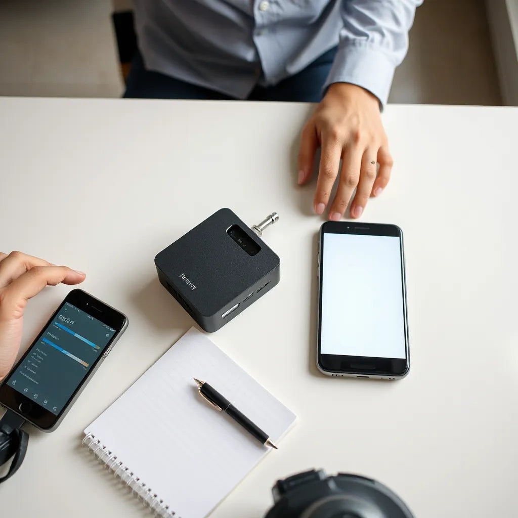 Person reviewing a cellular privacy device and accessories on a desk for safer browsing