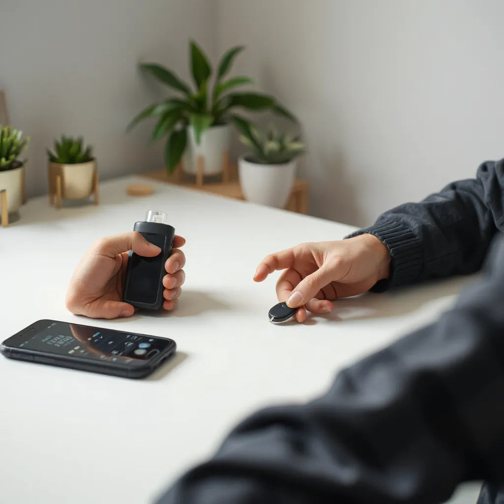 Compact personal security devices laid out with a smartphone and protective case on a clean desk