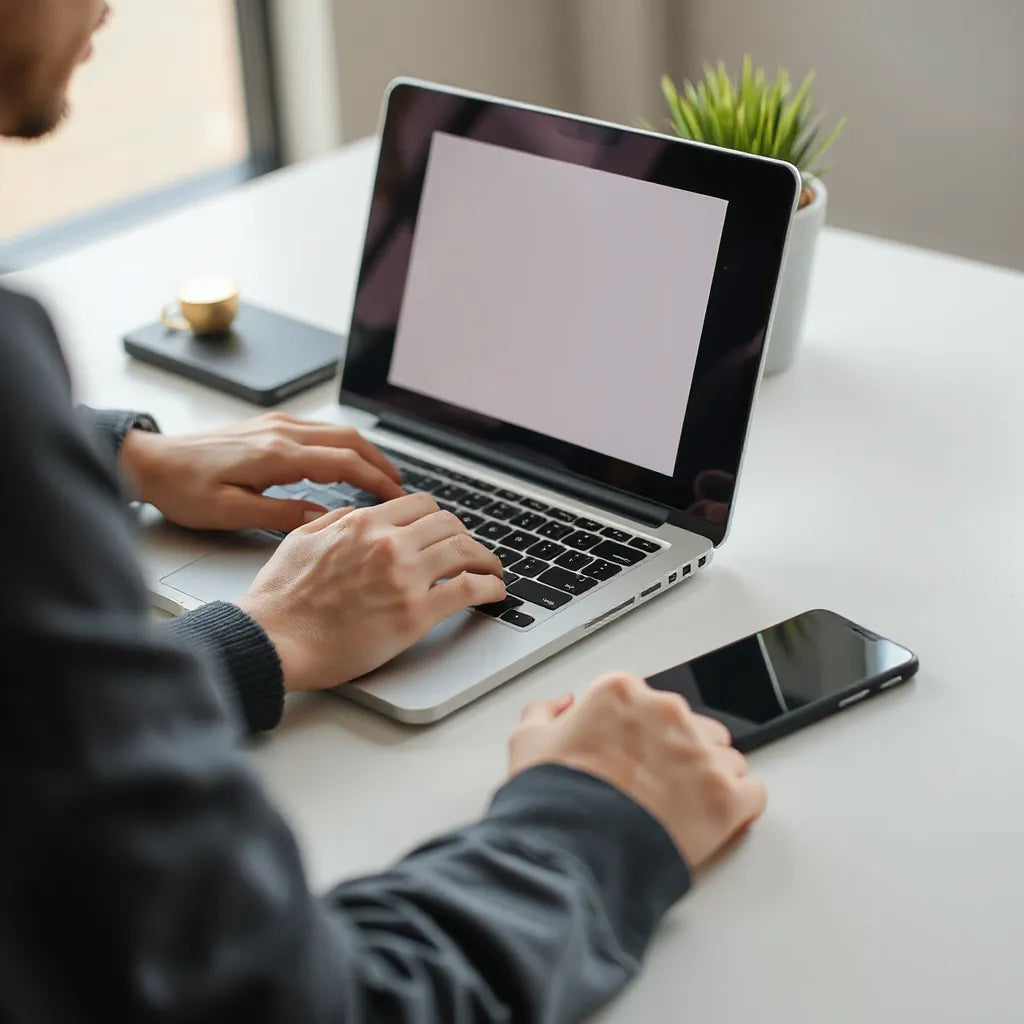 Laptop and smartphone on a desk with subtle privacy-focused security hardware for safer browsing