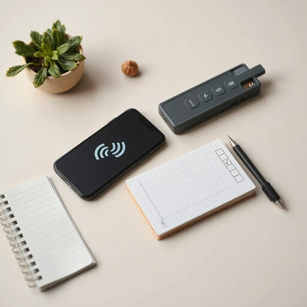 Handheld privacy monitoring device beside a smartphone and blank checklist for safer mobile browsing