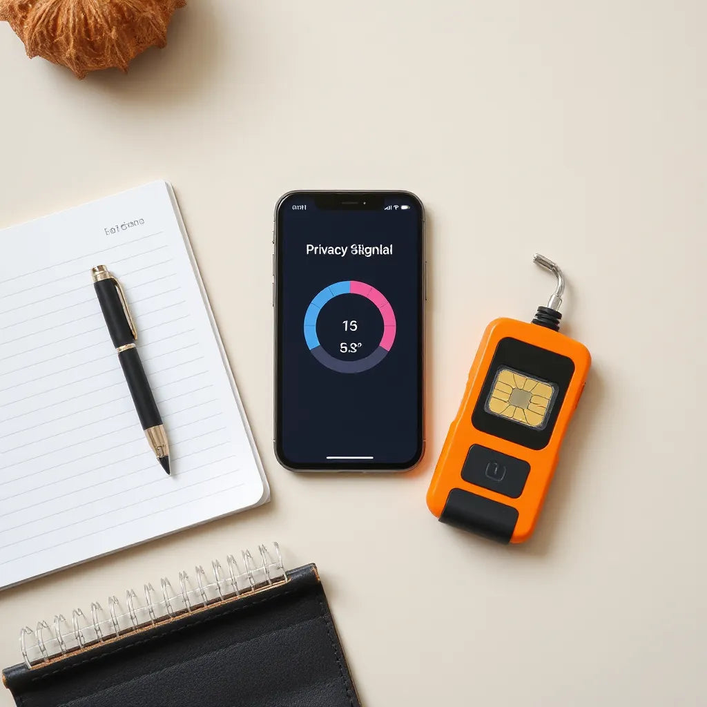 Compact cellular privacy device and phone on a desk with security accessories and blank notes for safe ordering checks