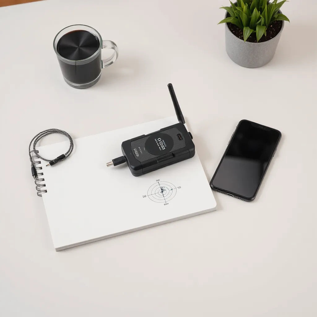 Compact cellular privacy monitoring device on a desk next to a smartphone and blank notes.