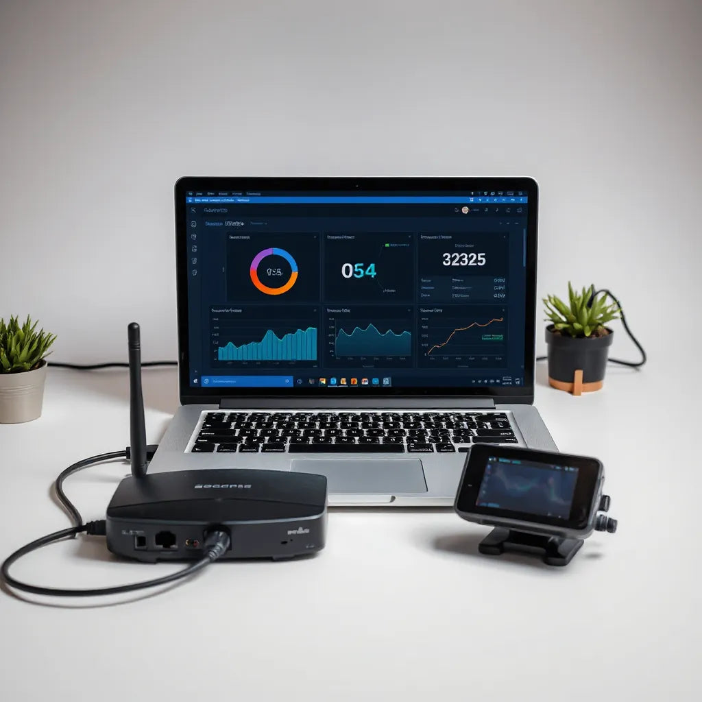 Clean tech workspace with open-source security hardware and a laptop showing generic security monitoring screens