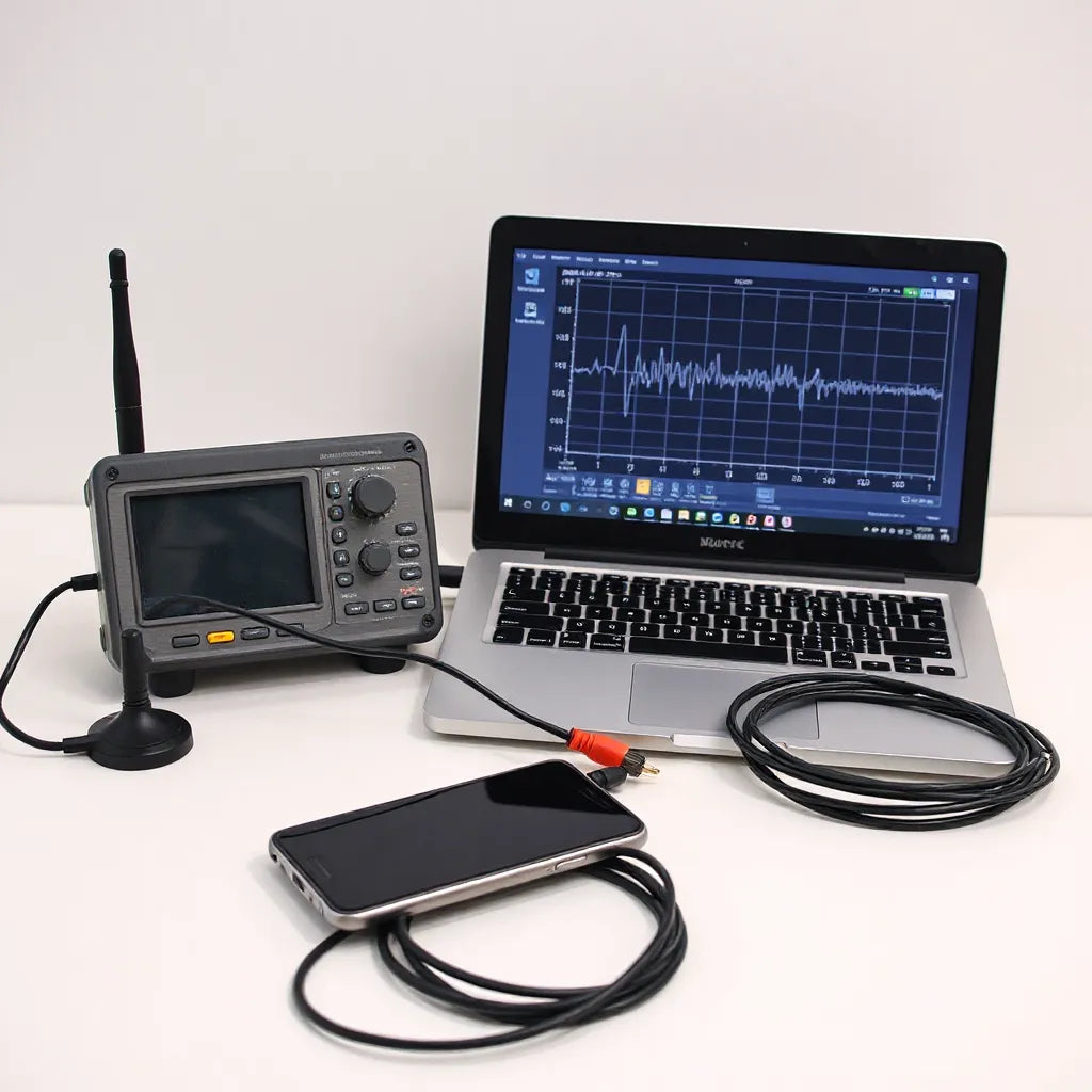 Compact wireless testing device on a workbench with antenna and generic signal waveform displays