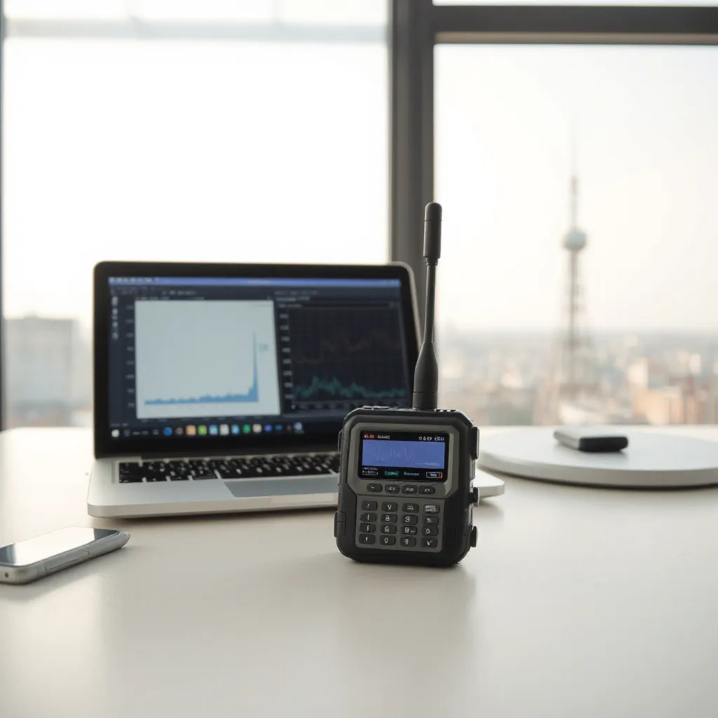 Handheld cellular RF monitor on a desk beside a laptop with generic signal graphs