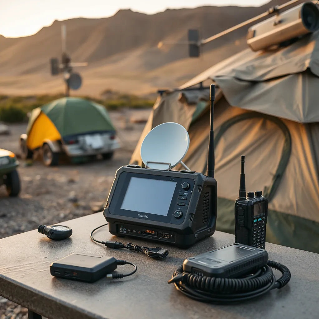 Rugged satellite and radio connectivity setup for secure off-grid field communication near a campsite