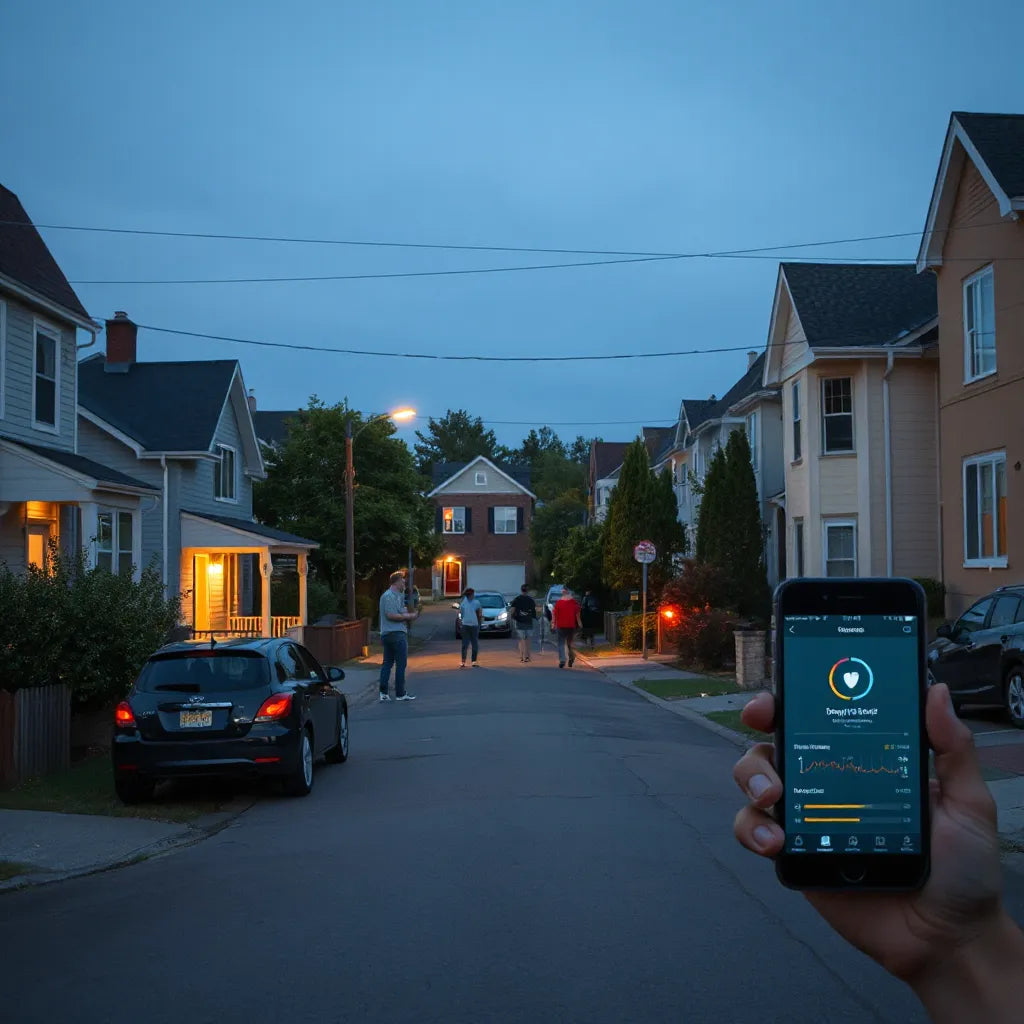 Diverse neighbors discuss privacy in a quiet neighborhood as subtle network connections fade into the background