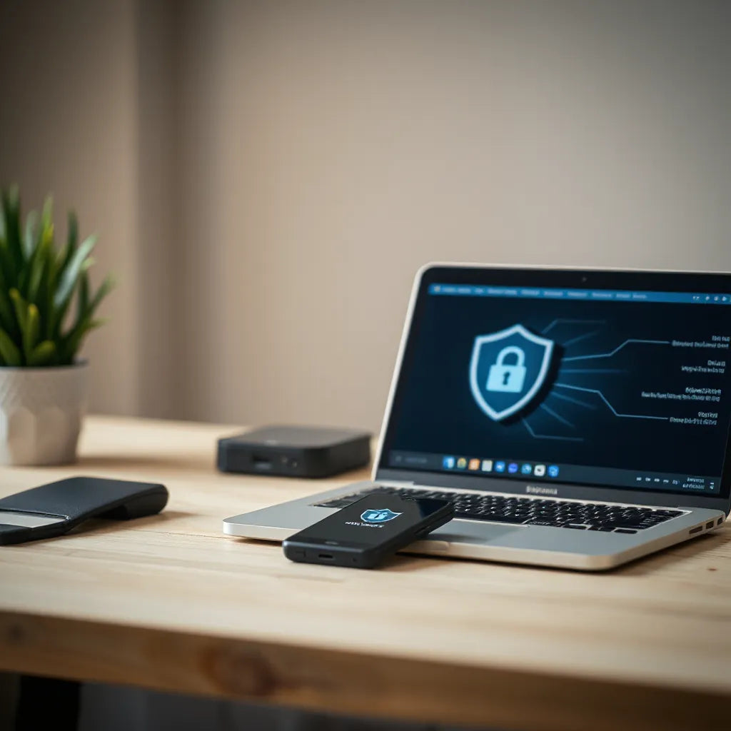 Laptop and phone with privacy shield icons alongside a small security device on a desk