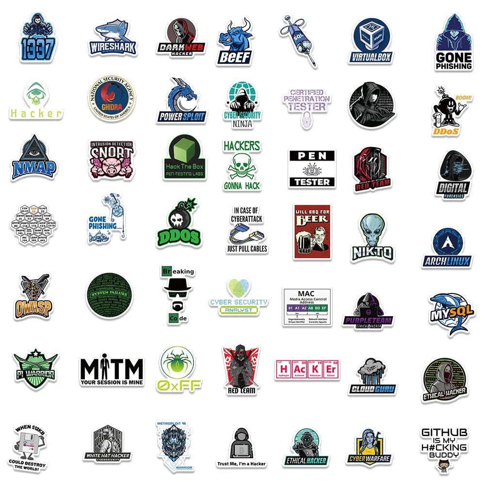 50 or 100 Pack Hacker and Programmer Vinyl Stickers for Laptops, Gear, and Tech Decor - STS Technologies LLC