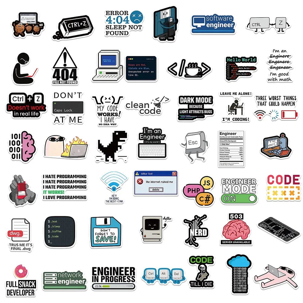 50 or 100 Pack Hacker and Programmer Vinyl Stickers for Laptops, Gear, and Tech Decor - STS Technologies LLC