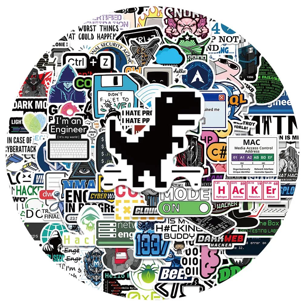 50 or 100 Pack Hacker and Programmer Vinyl Stickers for Laptops, Gear, and Tech Decor - STS Technologies LLC