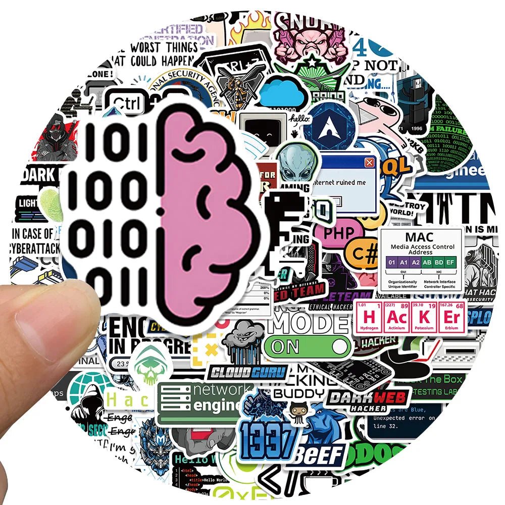 50 or 100 Pack Hacker and Programmer Vinyl Stickers for Laptops, Gear, and Tech Decor - STS Technologies LLC