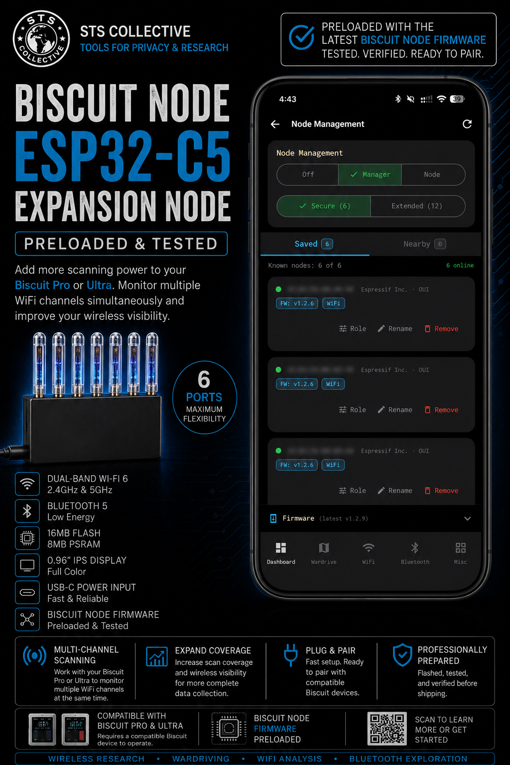 Promotional graphic for the STS Collective ESP32-C5 Biscuit Node Expansion Module, showing the physical module with LED indicators on the left and a smartphone displaying the Node Manager app interface on the right.