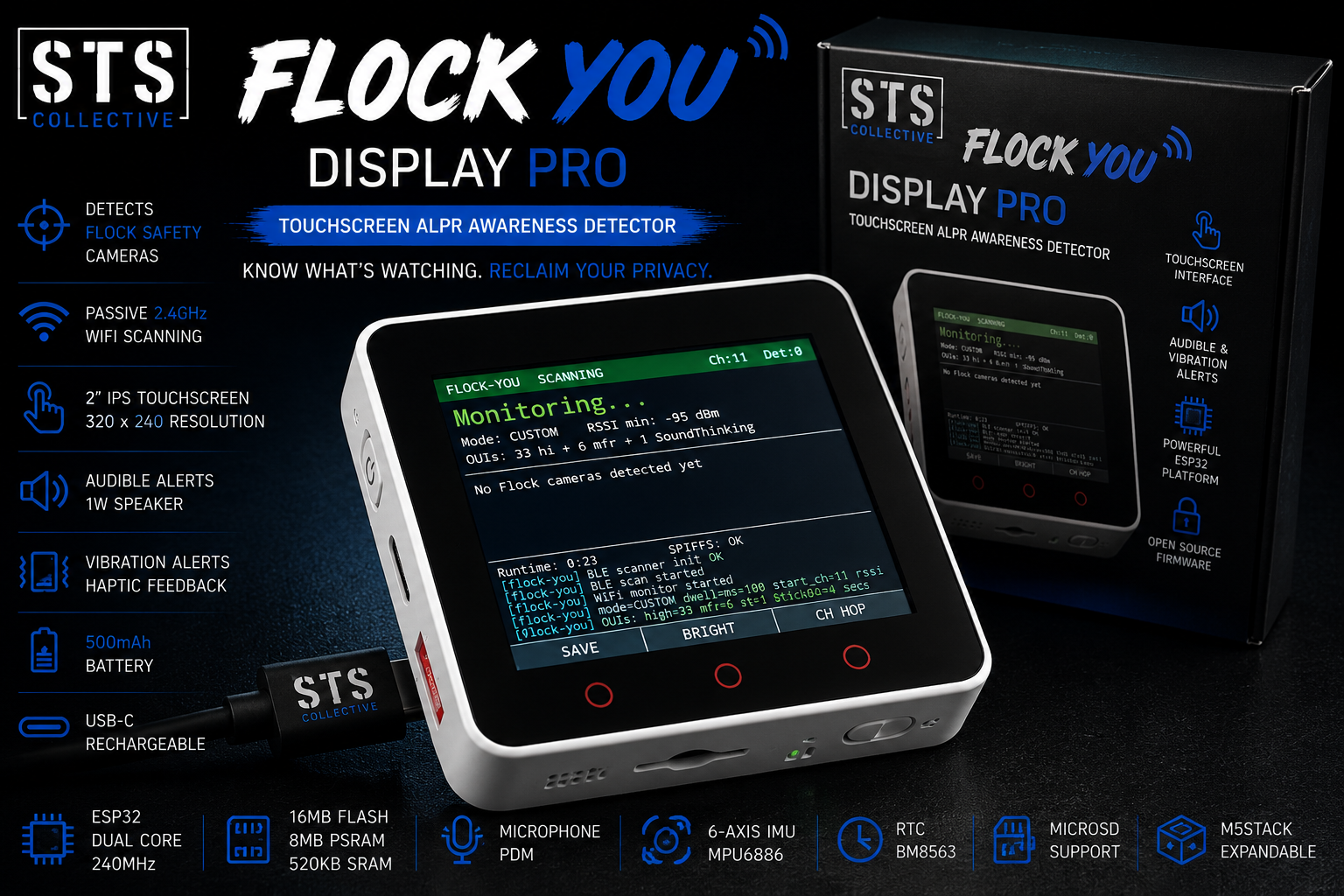 STS Flock You Display Pro touchscreen alarm awareness detector shown with its retail box on a dark promotional background. The device has a white and silver body with a lit display and red control buttons, surrounded by feature callouts and product specs.