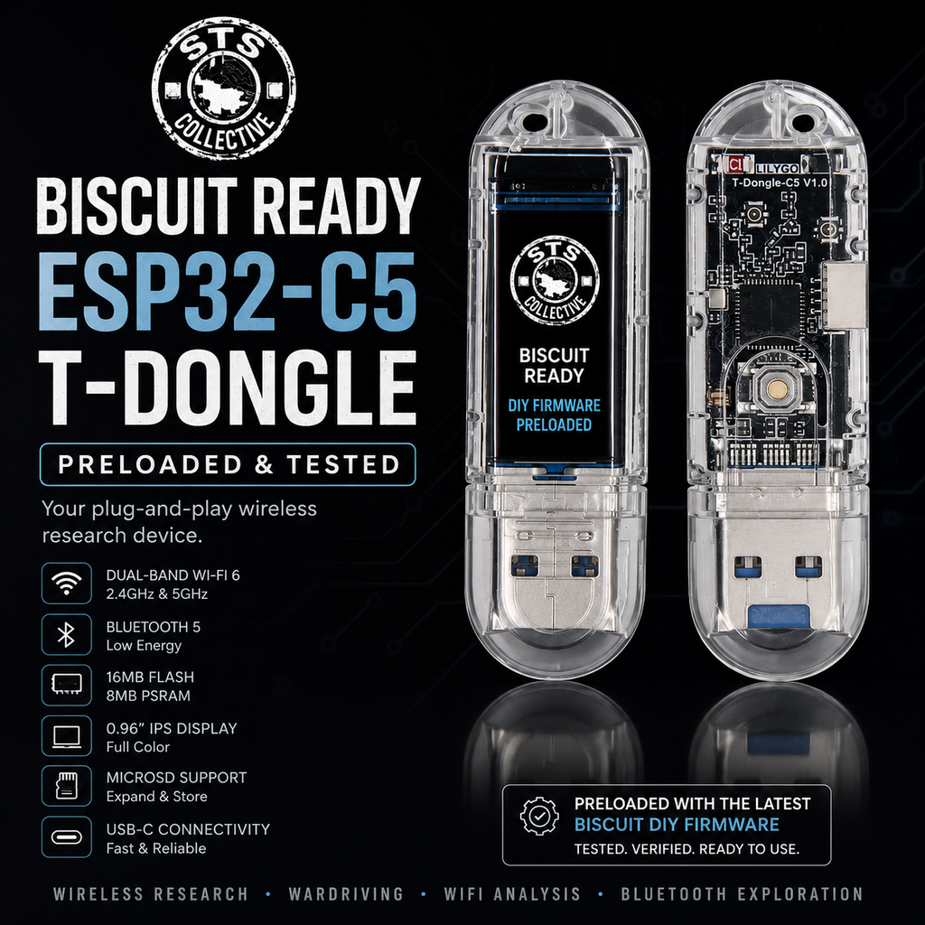 ESP32-C5 T-Dongle wireless research device shown from front and back on a black promotional graphic. The device is transparent plastic with a blue front label and visible circuit board inside.