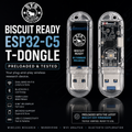 ESP32-C5 T-Dongle wireless research device shown from front and back on a black promotional graphic. The device is transparent plastic with a blue front label and visible circuit board inside.