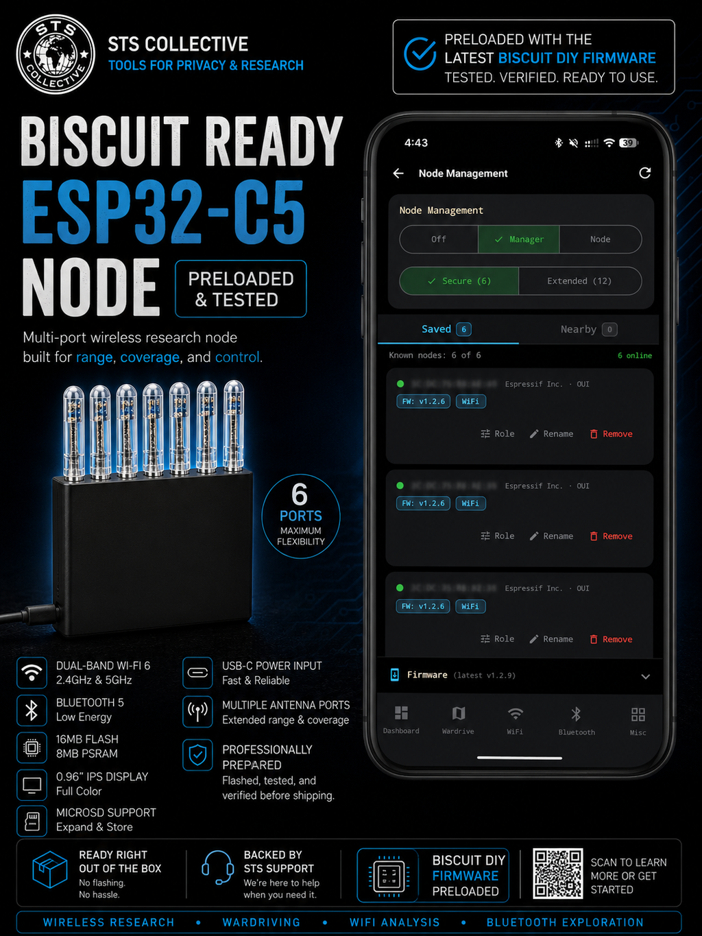 Promotional graphic for a preloaded ESP32-C5 wireless research node by STS Collective. The design features a black background with blue and white text, a display of multiple battery-powered devices, and a smartphone mockup showing the node's node management interface.
