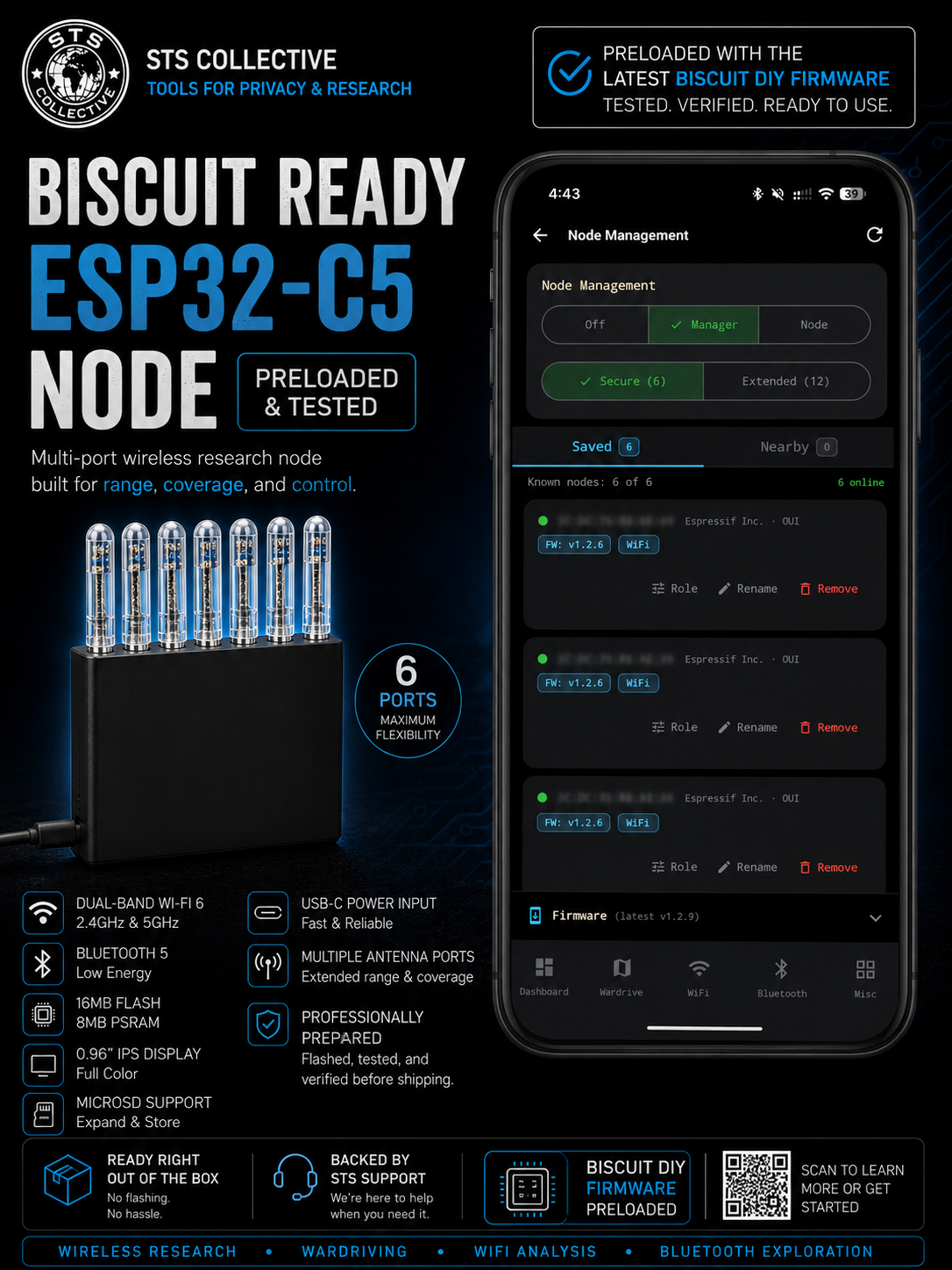 Promotional graphic for a preloaded ESP32-C5 wireless research node by STS Collective. The design features a black background with blue and white text, a display of multiple battery-powered devices, and a smartphone mockup showing the node's node management interface.