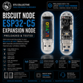 Promotional graphic for a Biscuit Node ESP32-C5 Expansion Node by STS Collective, showing two transparent battery-operated RFID readers side-by-side with internal circuitry visible, on a dark blue tech-themed background with feature callouts.