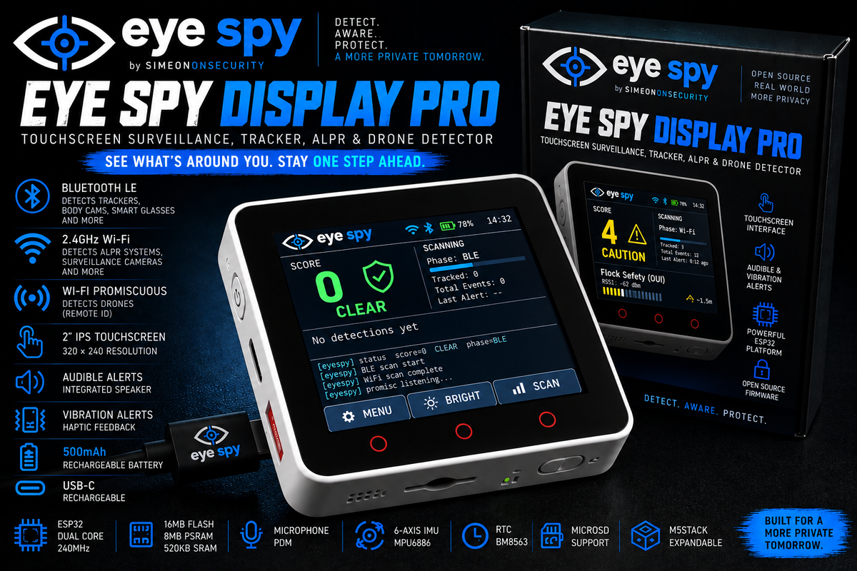 Eye Spy Display Pro security alarm monitor and its retail packaging box, shown on a white background with feature callouts and icons.