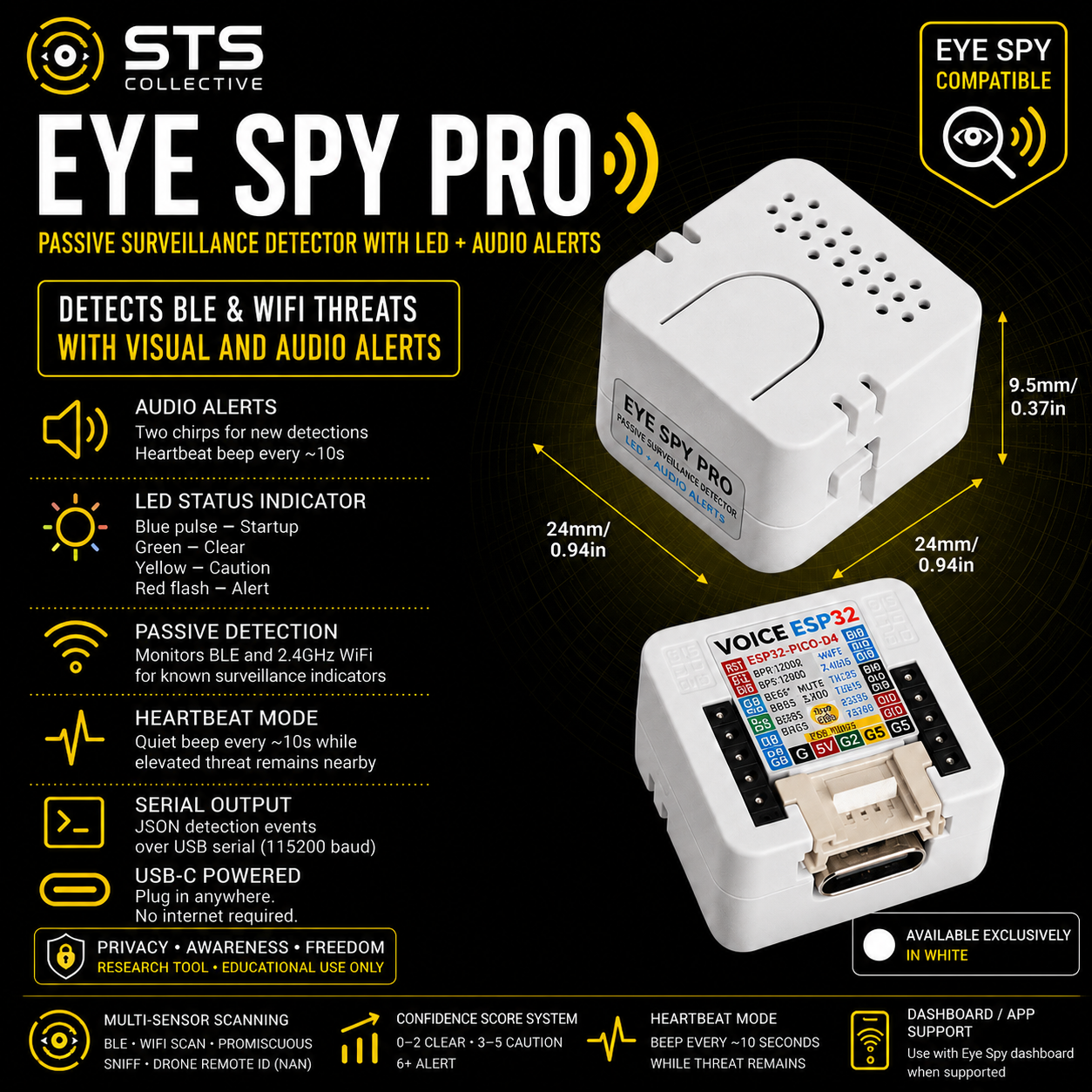 Eye Spy Pro passive surveillance detector and audio alert receiver shown on a black promotional infographic with feature callouts, dimensions, and compatibility badges. The product appears in white plastic with a small blue LED indicator light.