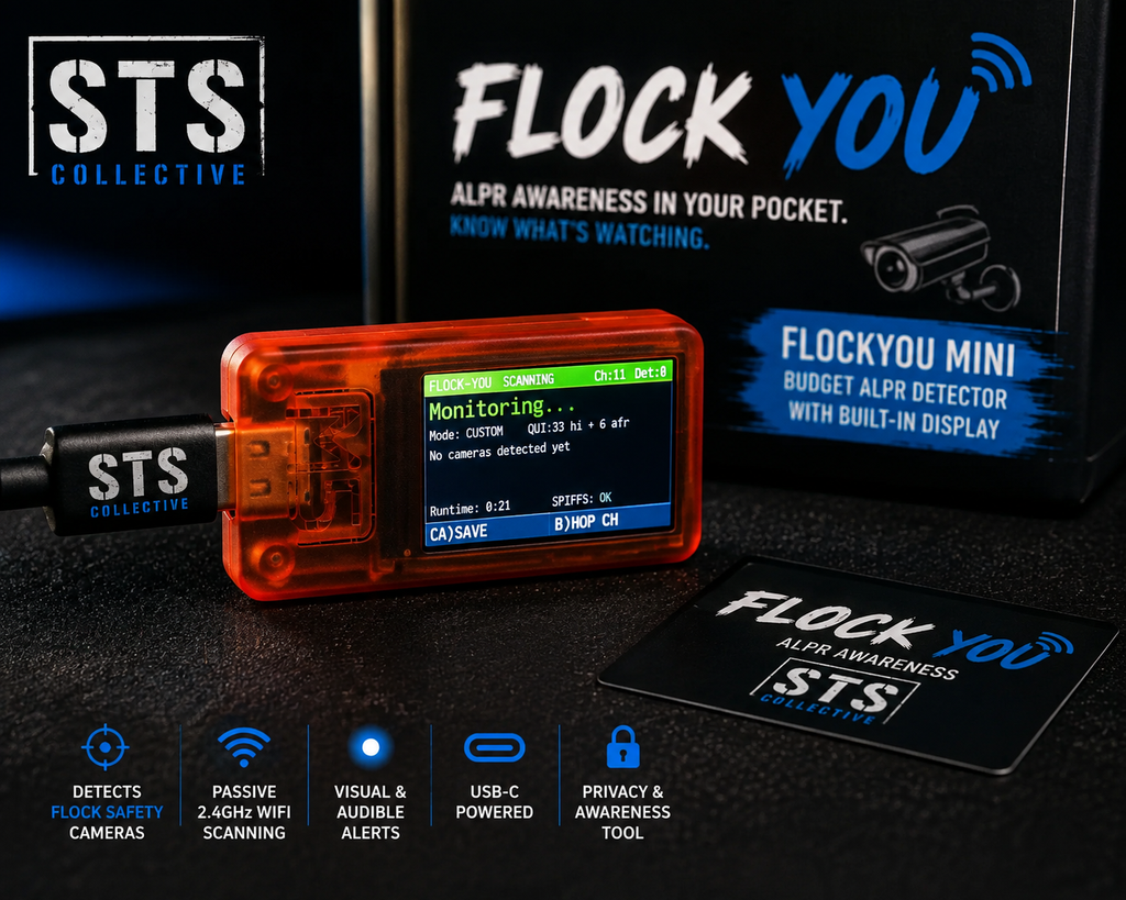 STS Collective Flock You Mini budget ALPR awareness device, featuring a translucent orange body and an active blue display screen, shown alongside its retail packaging and a black card with the brand logo.