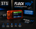 STS Collective Flock You Mini budget ALPR awareness device, featuring a translucent orange body and an active blue display screen, shown alongside its retail packaging and a black card with the brand logo.