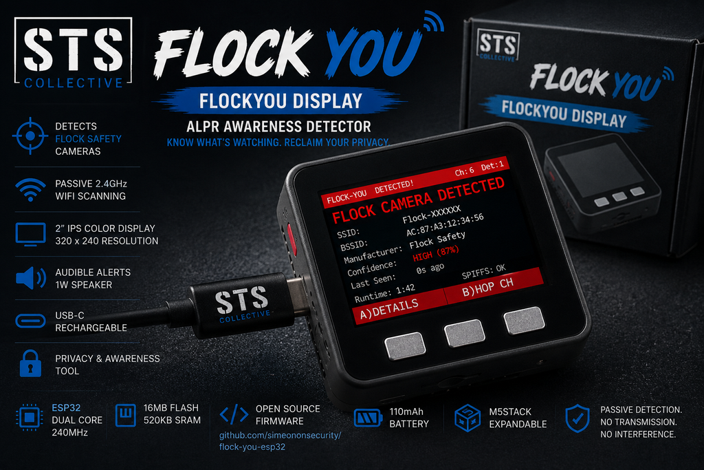 STS Flock You Flocky You Display active alarm detector shown with its packaging box on a dark promotional background with feature callouts.