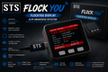 STS Flock You Flocky You Display active alarm detector shown with its packaging box on a dark promotional background with feature callouts.