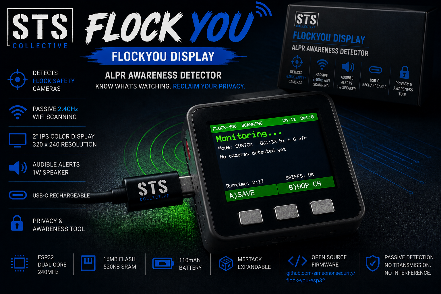 FlockYou Display | ALPR Awareness Detector with 2” IPS Screen STS Collective