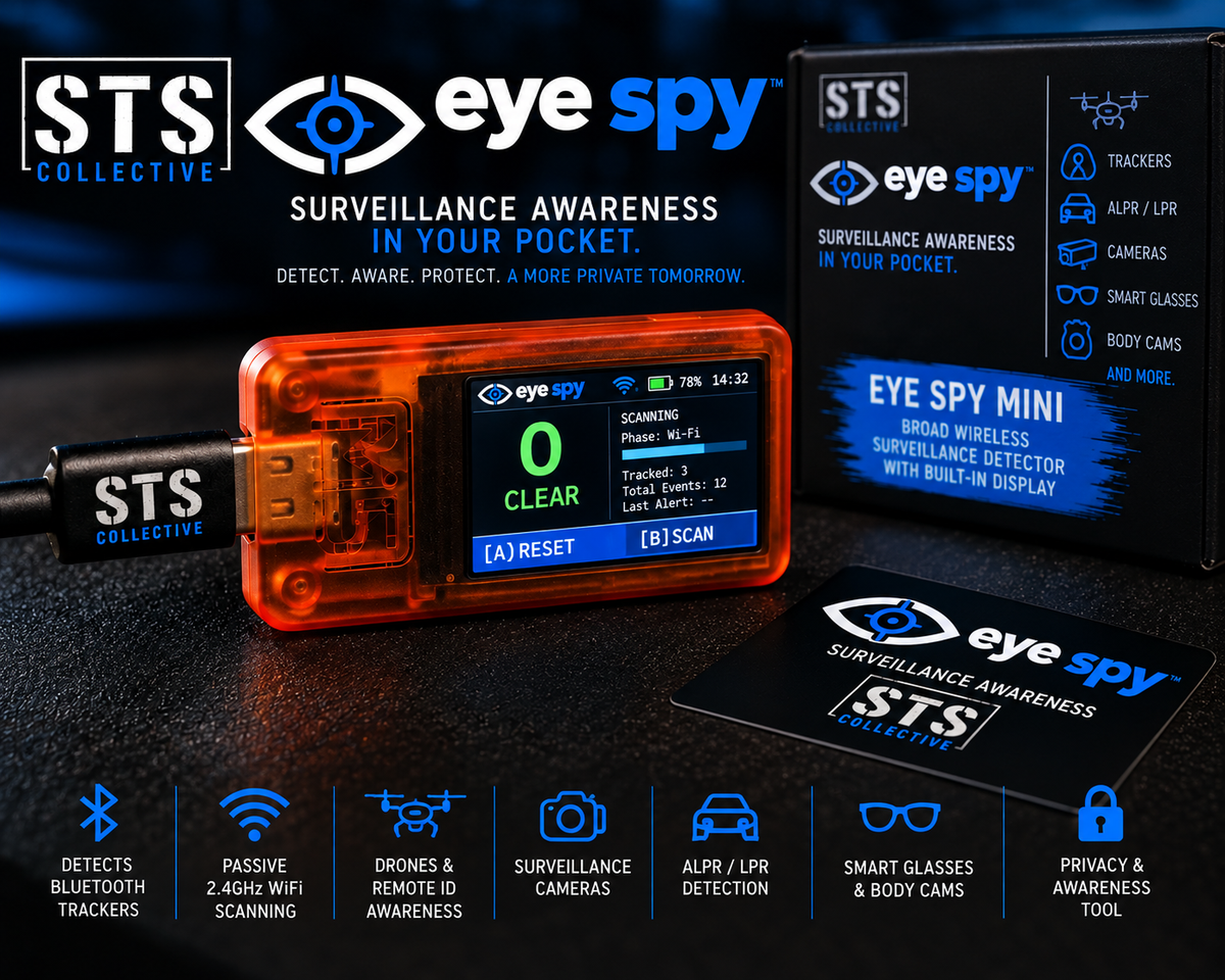 STS Eye Spy mini surveillance awareness device in an orange translucent case with a built-in screen, shown alongside its black retail box and branded card on a dark promotional background with feature icons.