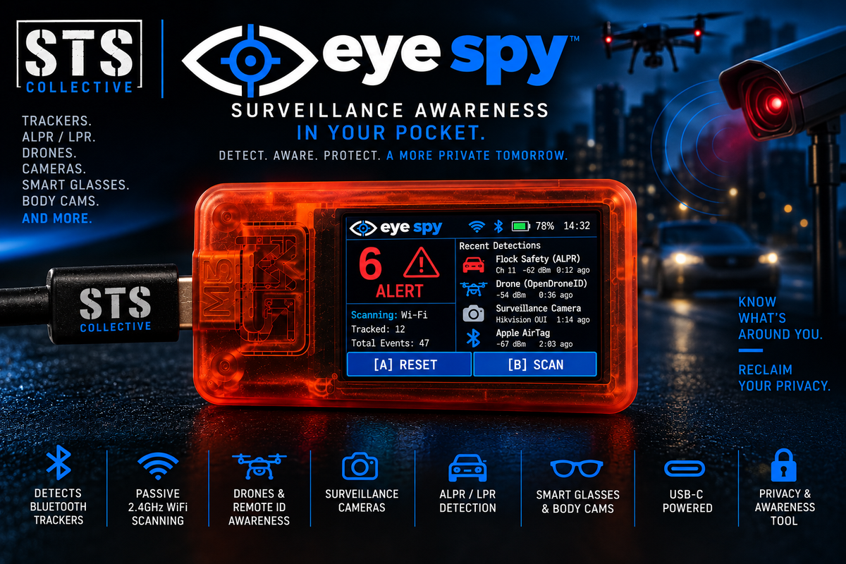 An STS Collective Eye Spy surveillance tracker shown in a dark blue promotional graphic with feature icons and text. The device is translucent orange with a black connector and a digital display showing red and blue interface elements.
